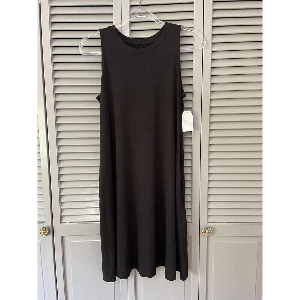 Time and Tru Sleeveless Knit Lounge Pockets Dress Solid Black NWT Medium